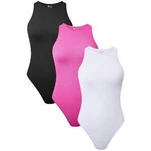 3 Piece Women's Sexy Ribbed Sleeveless Halter Neck Shapewear Thong Bodysuits SM